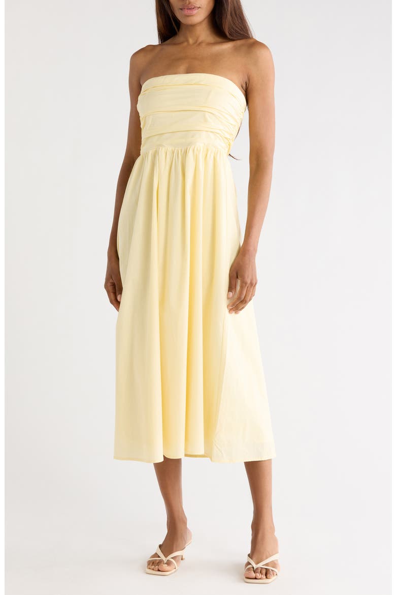 Ruched Strapless Midi Dress, Main, color, STRAW YELLOW
