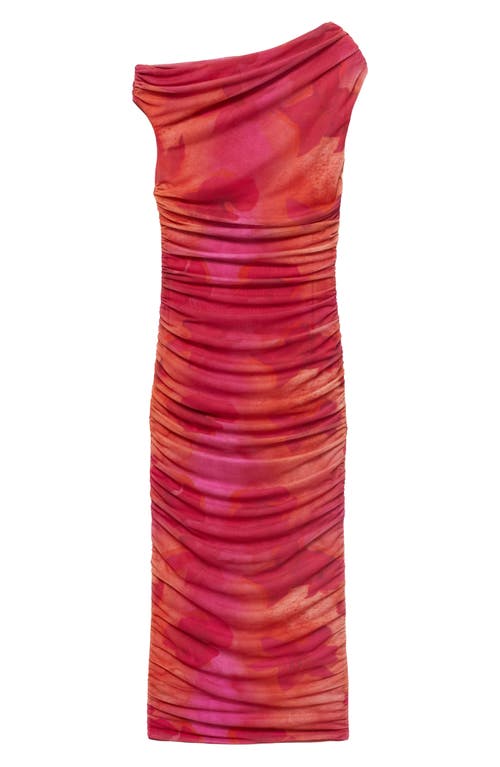 Mango Floral Print Ruched One-shoulder Midi Dress In Burgundy