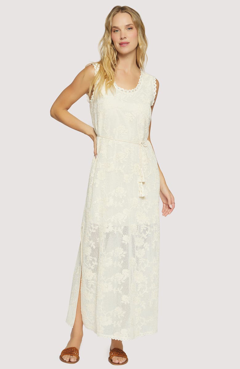 Lost + Wander Fiorenza Embroidered Tie Belt Maxi Sundress, Alternate, color, Cream