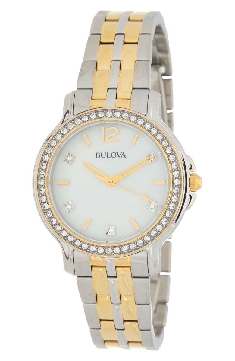 BULOVA Crystal Two-Tone Bracelet Strap Watch, Main, color, 