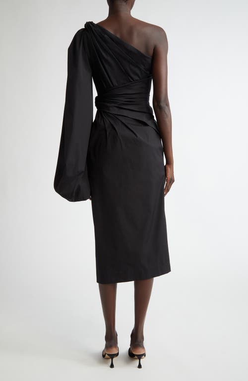 Shop Carolina Herrera One-shoulder Balloon Sleeve Stretch Cotton Midi Dress In Black