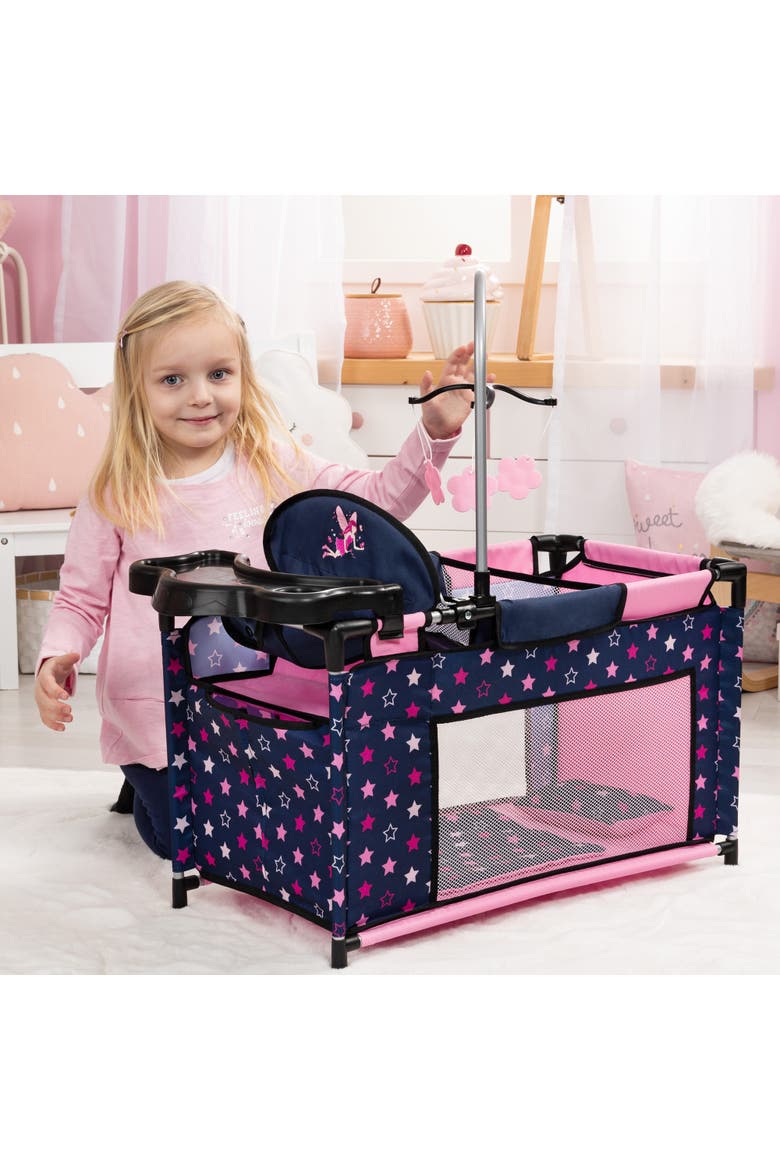 Navy & Pink Multibed Playpen For Dolls With Highchair & Mobile, Alternate, color, Multicolored