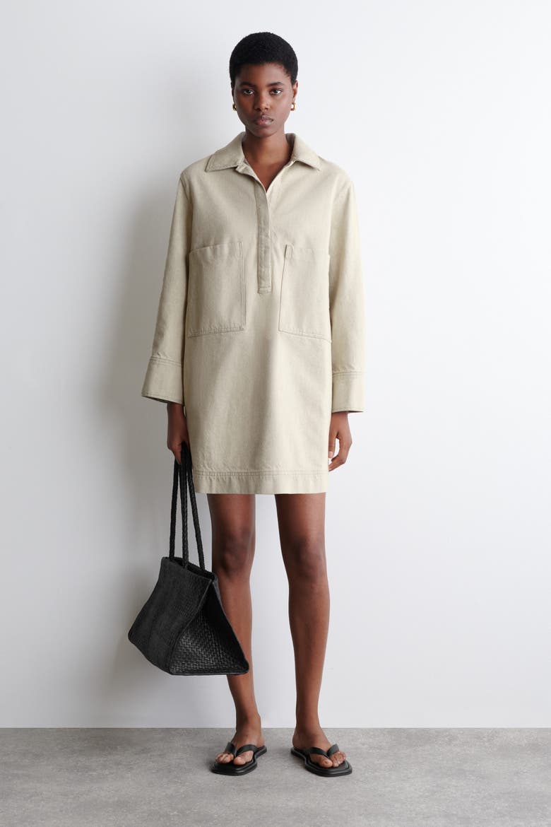 Open-Collar Denim Shirt Dress, Main, color, BEIGE