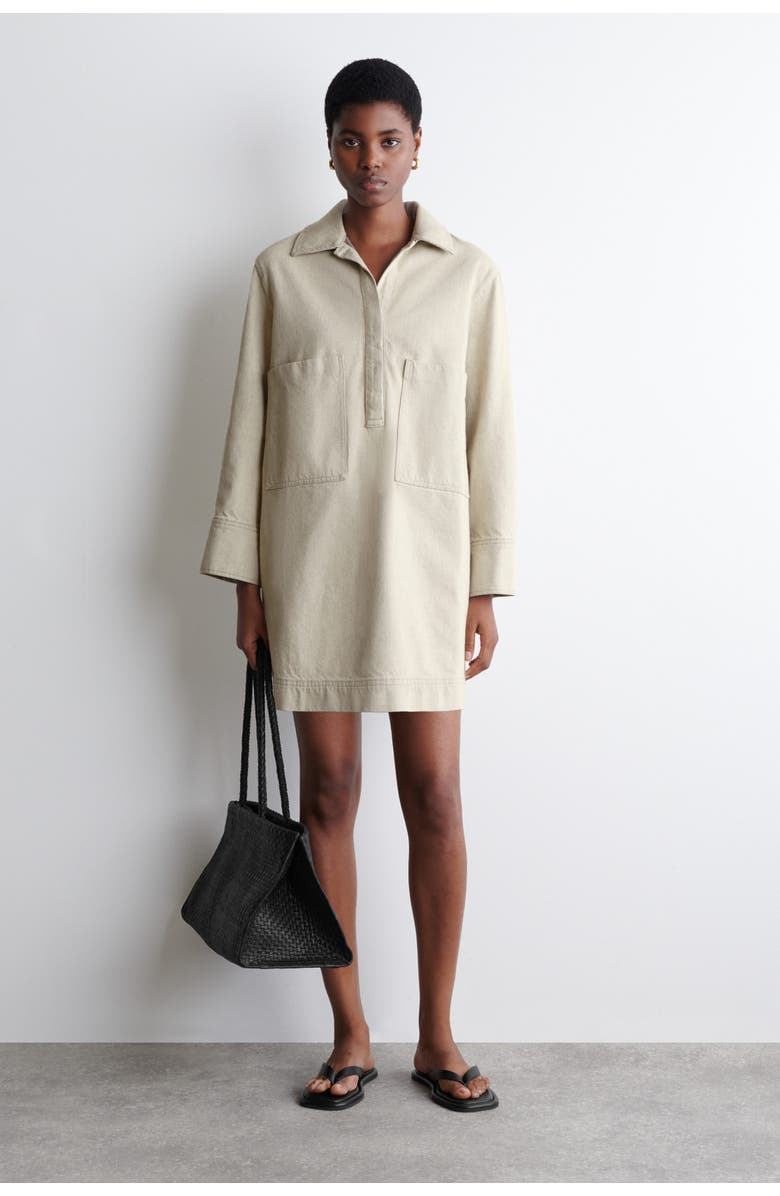 COS Open-Collar Denim Shirt Dress, Main, color, Beige