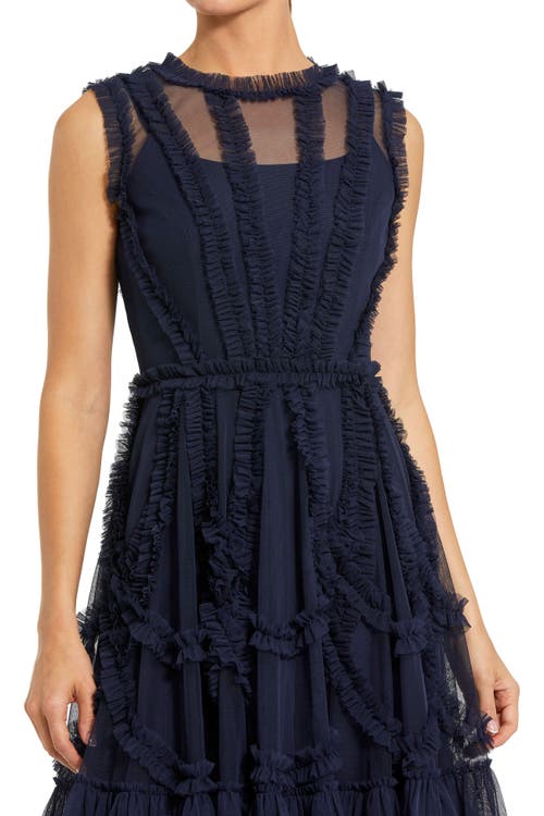 Mac Duggal Sleeveless Ruffle High Neck Mini Dress In Blue