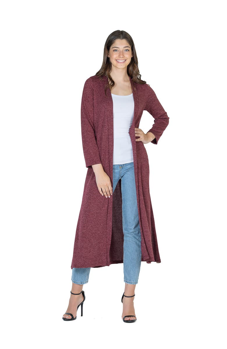 24seven Comfort Apparel Womens Long Duster Open Front Knit Cardigan, Main, color, Wine