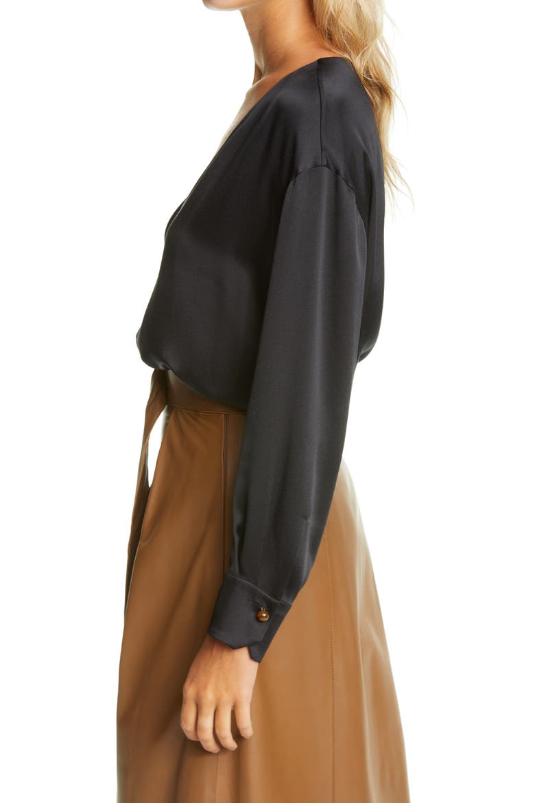 V-Neck Ball Button Silk Blouse, Alternate, color, BLACK
