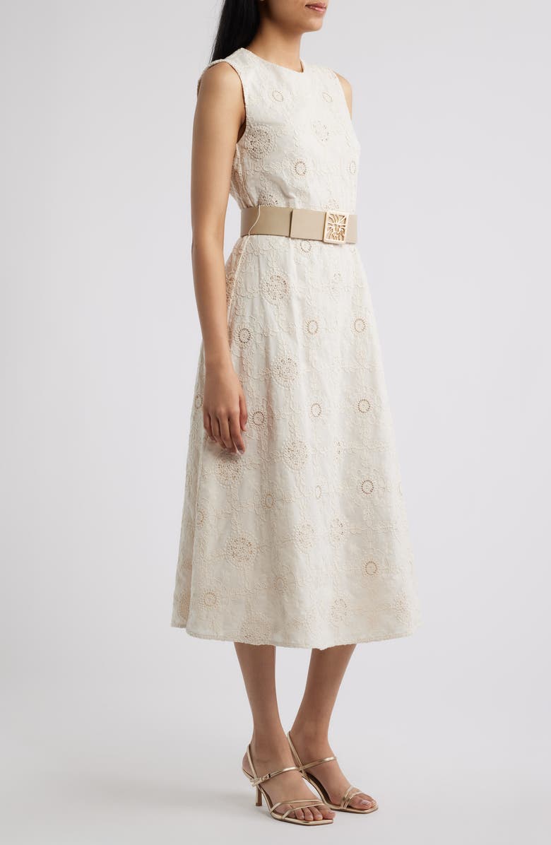 Anne Klein Embroidered Belted Sleeveless Midi Dress, Alternate, color, White Dove/ Ivory