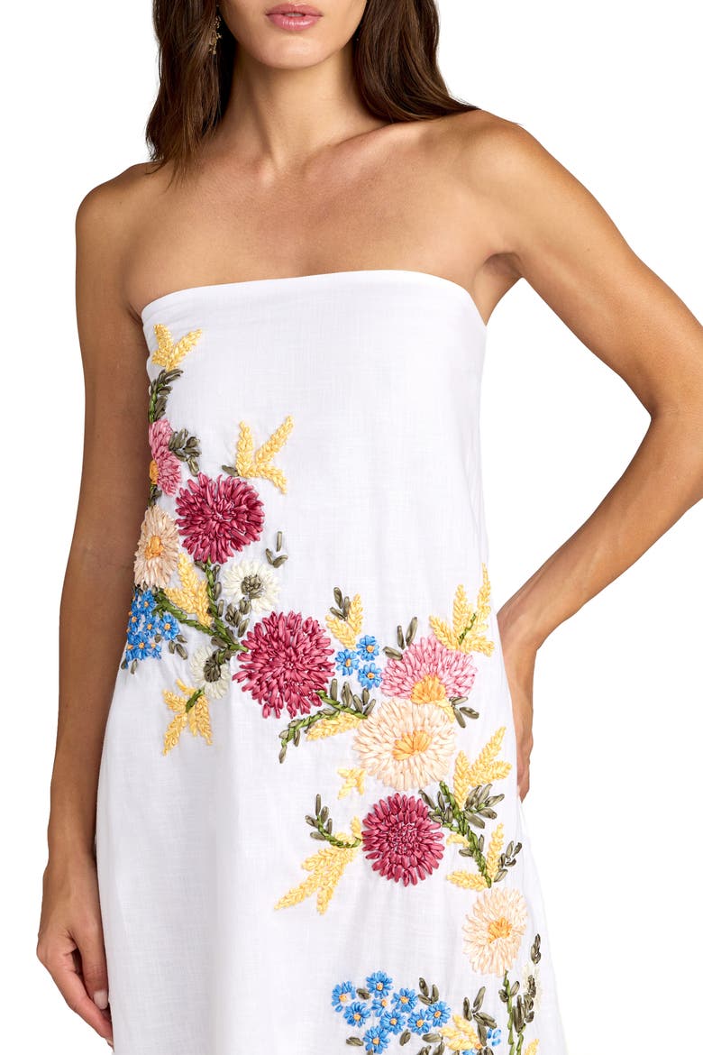 Strapless Floral Embroidered Linen Gown, Alternate, color, White Multi