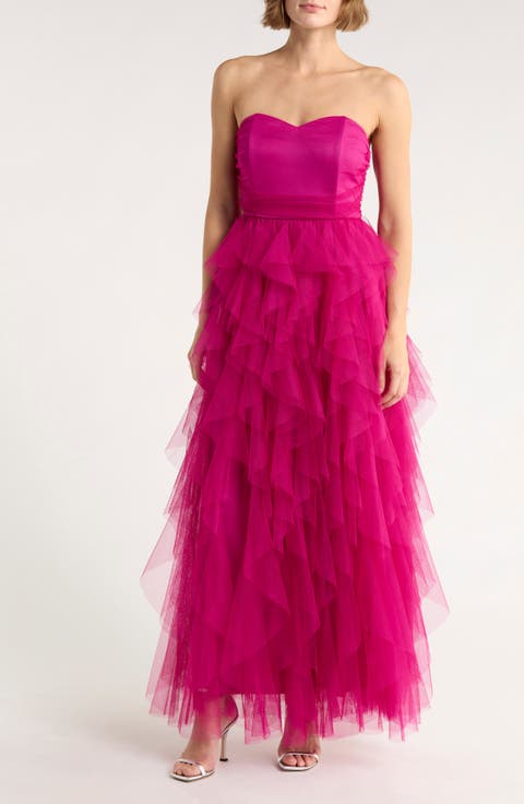 Straples Tiered Tulle Gown
