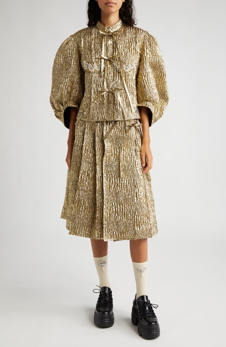 Simone Rocha Pleated Metallic Cloqué Midi Skirt with Ties, Alternate, color,
