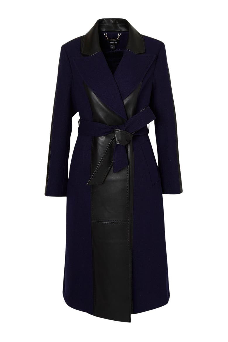 Wool Pu Mix Belted Midi Coat, Alternate, color, Navy