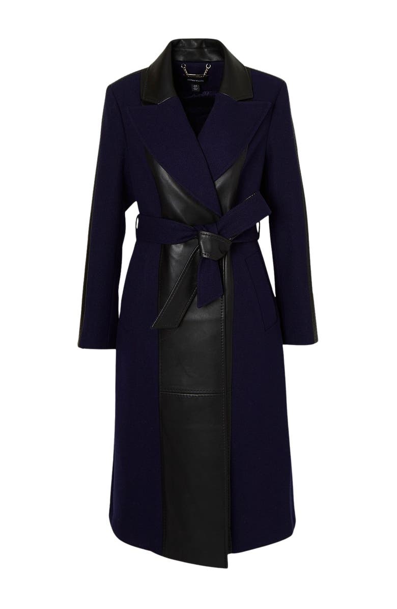Karen Millen Wool Pu Mix Belted Midi Coat, Alternate, color, Navy