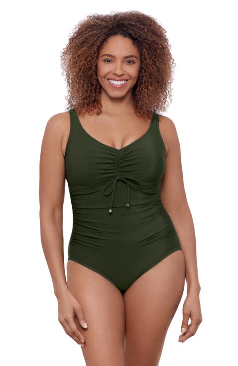 Cinched V-Neck Tummy Control Side Shirred One-Piece Swimsuit