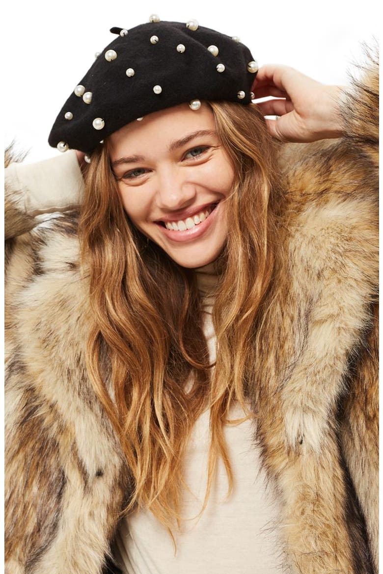 Imitation Pearl Wool Blend Beret, Alternate, color, BLACK MULTI