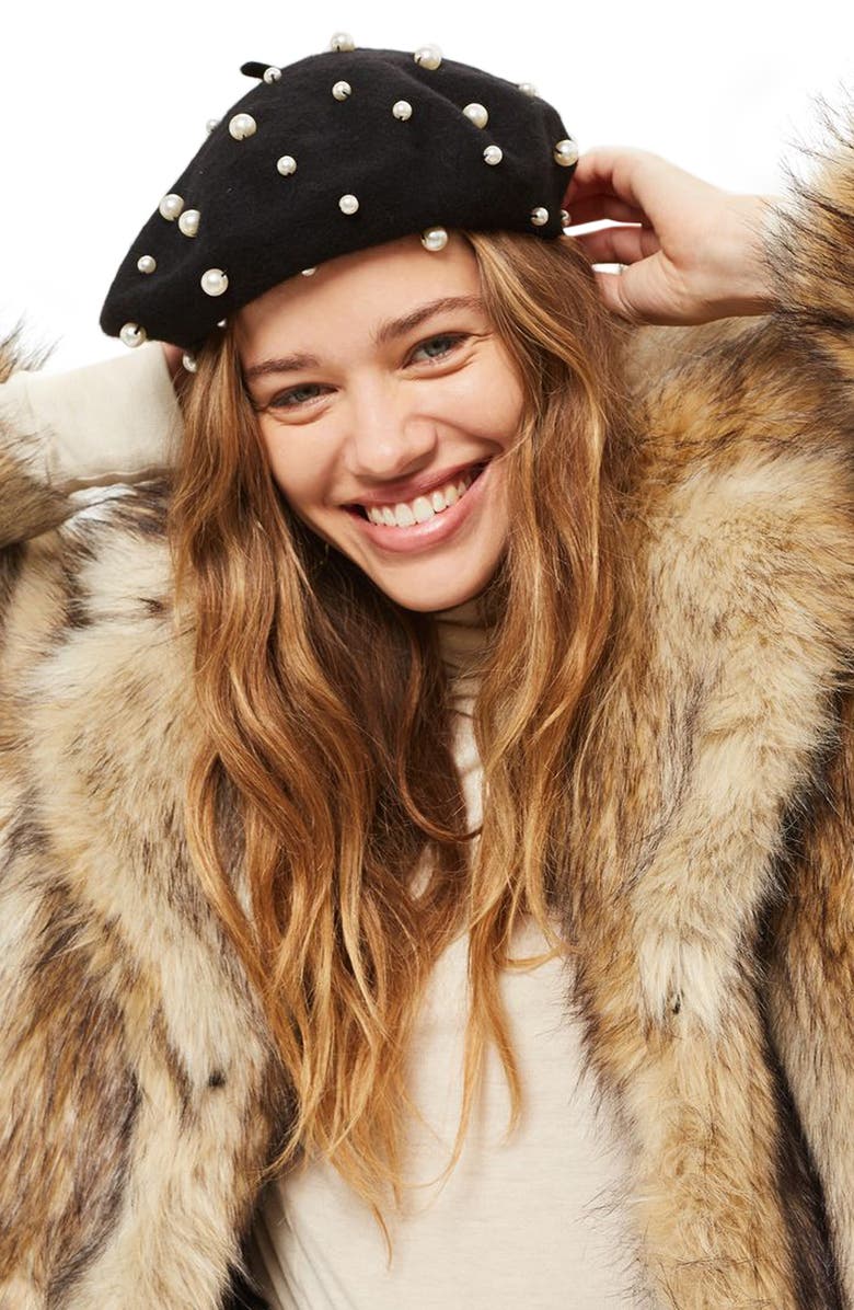 Topshop Imitation Pearl Wool Blend Beret, Alternate, color, 