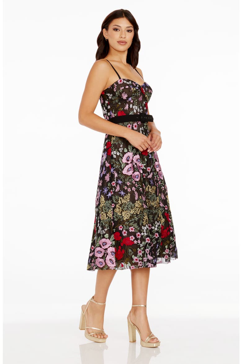 Carlita Floral Embroidery Bustier Midi Dress, Alternate, color, BLACK ROUGE MULTI