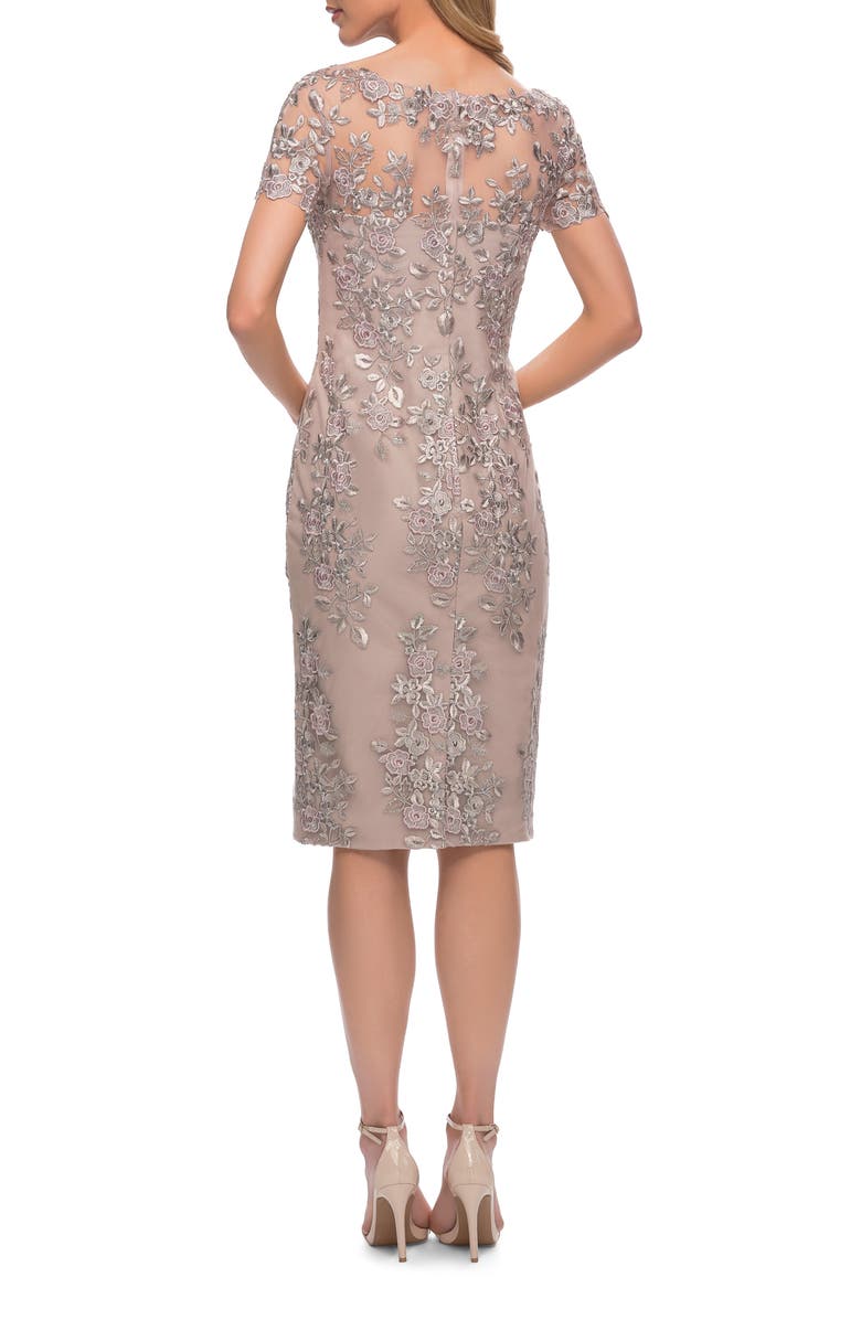 La Femme Short Sleeve Below the Knee Lace Dress, Alternate, color, Nude