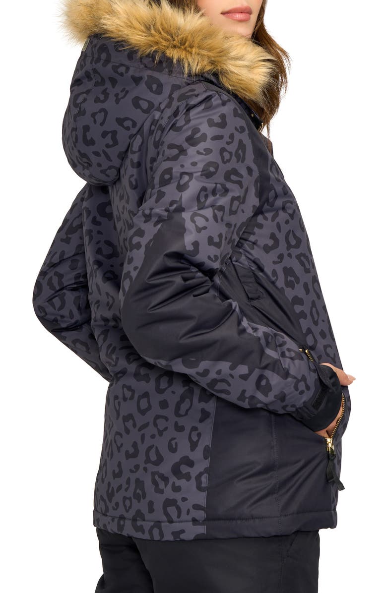TIPSY ELVES Midnight Leopard Print Waterproof Jacket with Removable Faux Fur Trim, Alternate, color,