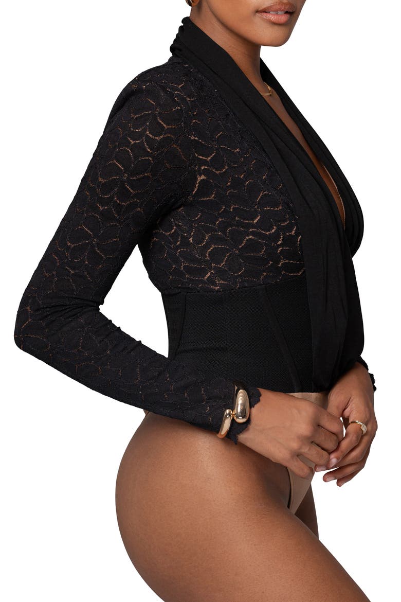 Spanish Banks Asymmetric Long Sleeve Bodysuit, Alternate, color, BLACK