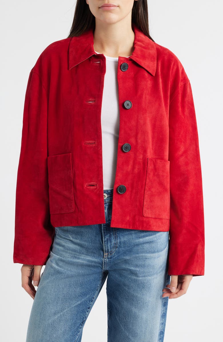 Madewell Boxy Crop Suede Jacket, Main, color, Crimson