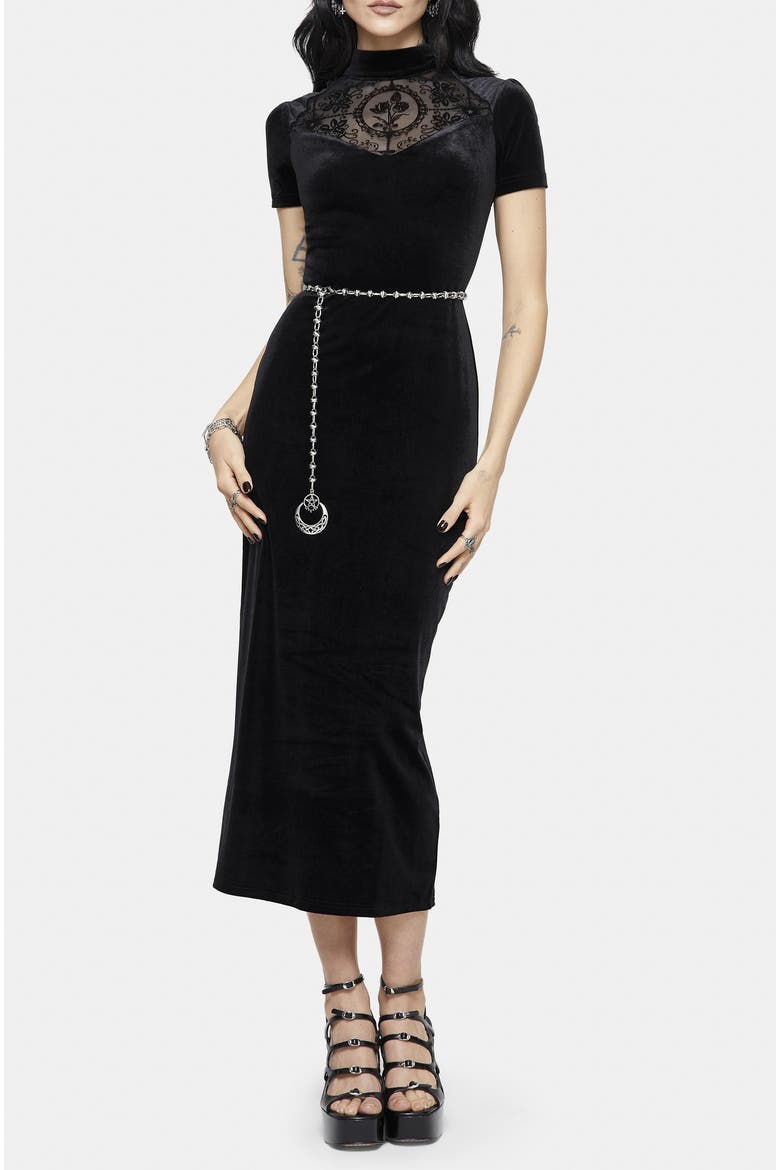 Cameo Flocked Mesh Insert Midi Dress, Alternate, color, Black