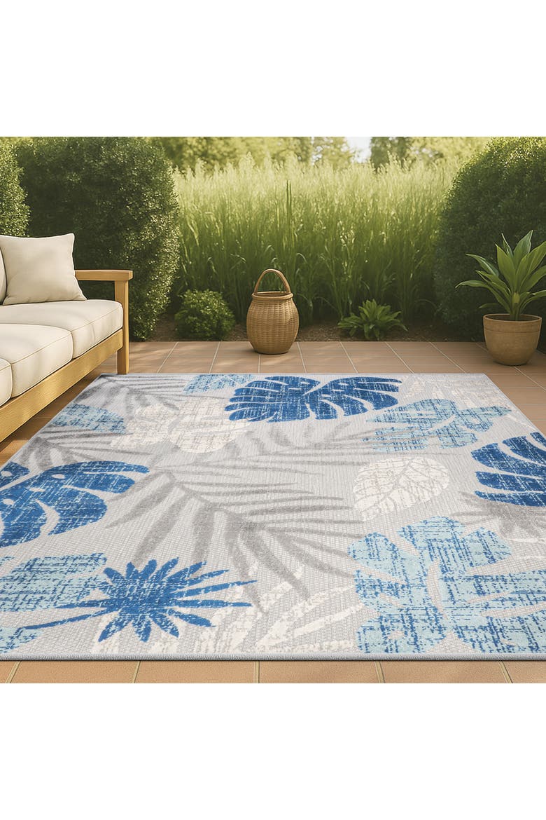 Monstera Tropical Leaf High-Low Indoor/Outdoor Area Rug, Alternate, color, Light Gray/Navy