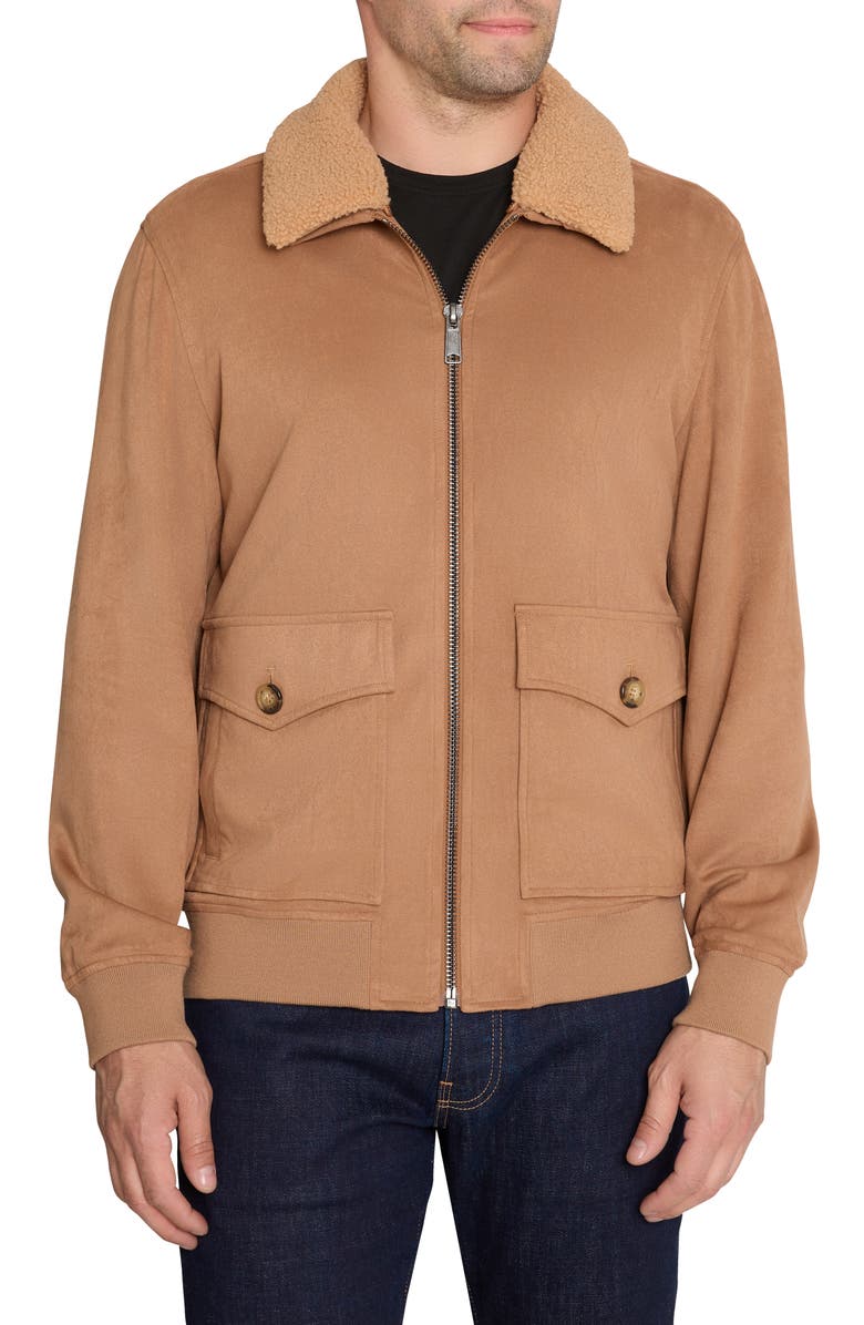 Sam Edelman Sueded Bomber Jacket with Removable Fleece Collar, Main, color, 