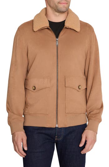 Sam Edelman Sueded Bomber Jacket With Removable Fleece Collar In Brown