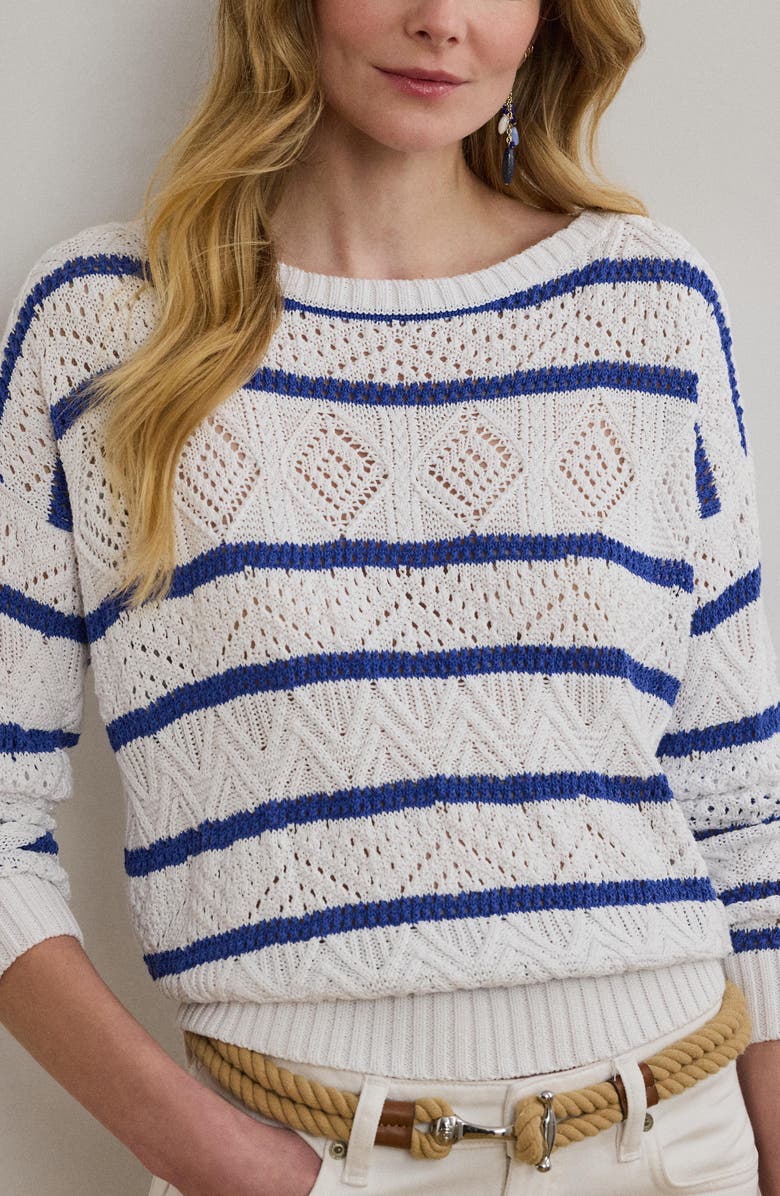 Lauren Ralph Lauren Stripe Pointelle Cotton Blend Sweater, Alternate, color, 