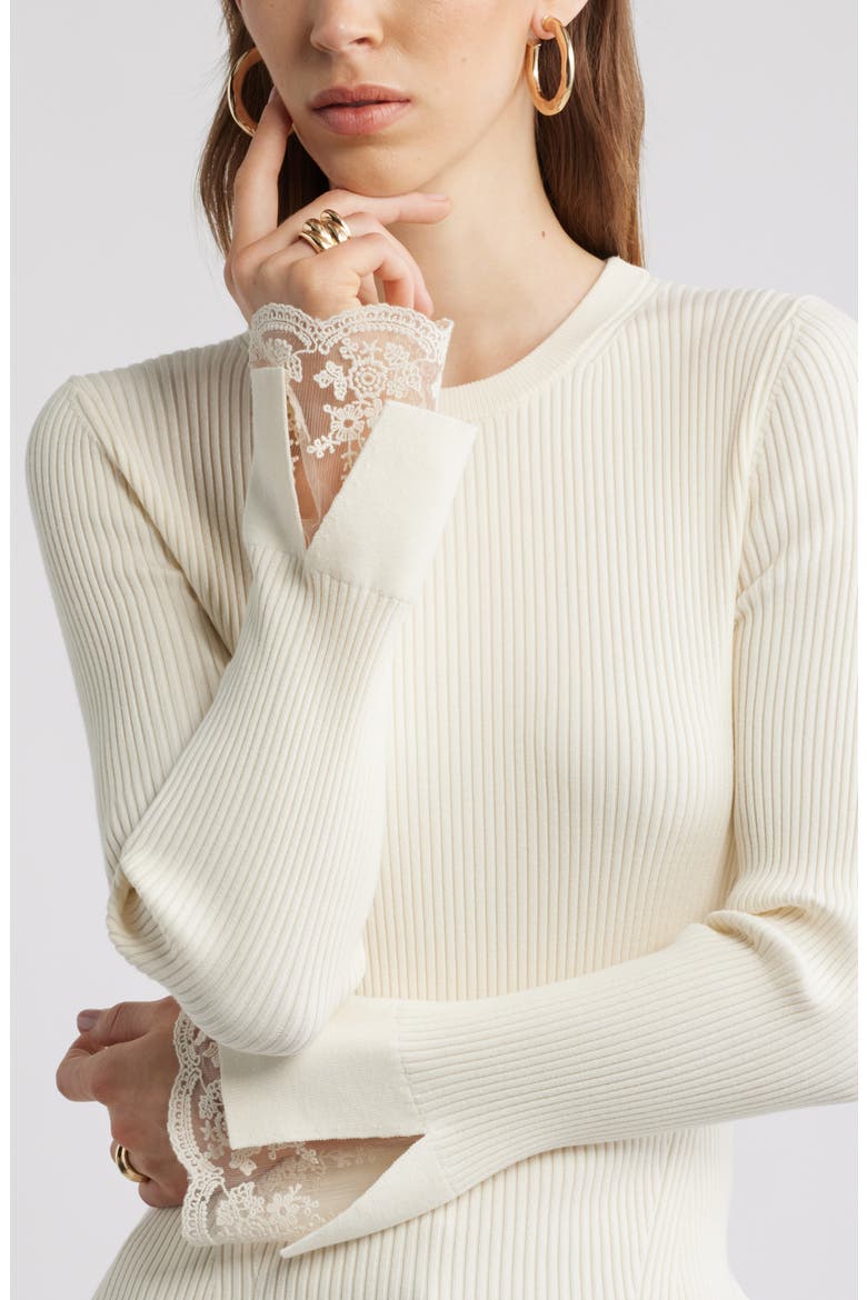 Lace Cuff Ribbed Sweater, Alternate, color, IVORY TOFU