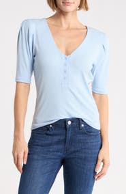 FRAME Rib Ruched Short Sleeve Henley