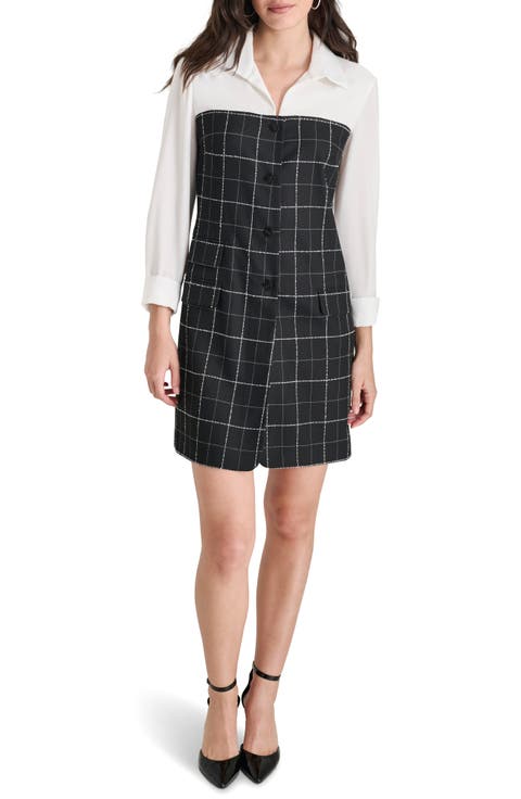 Windowpane Button Front Dress