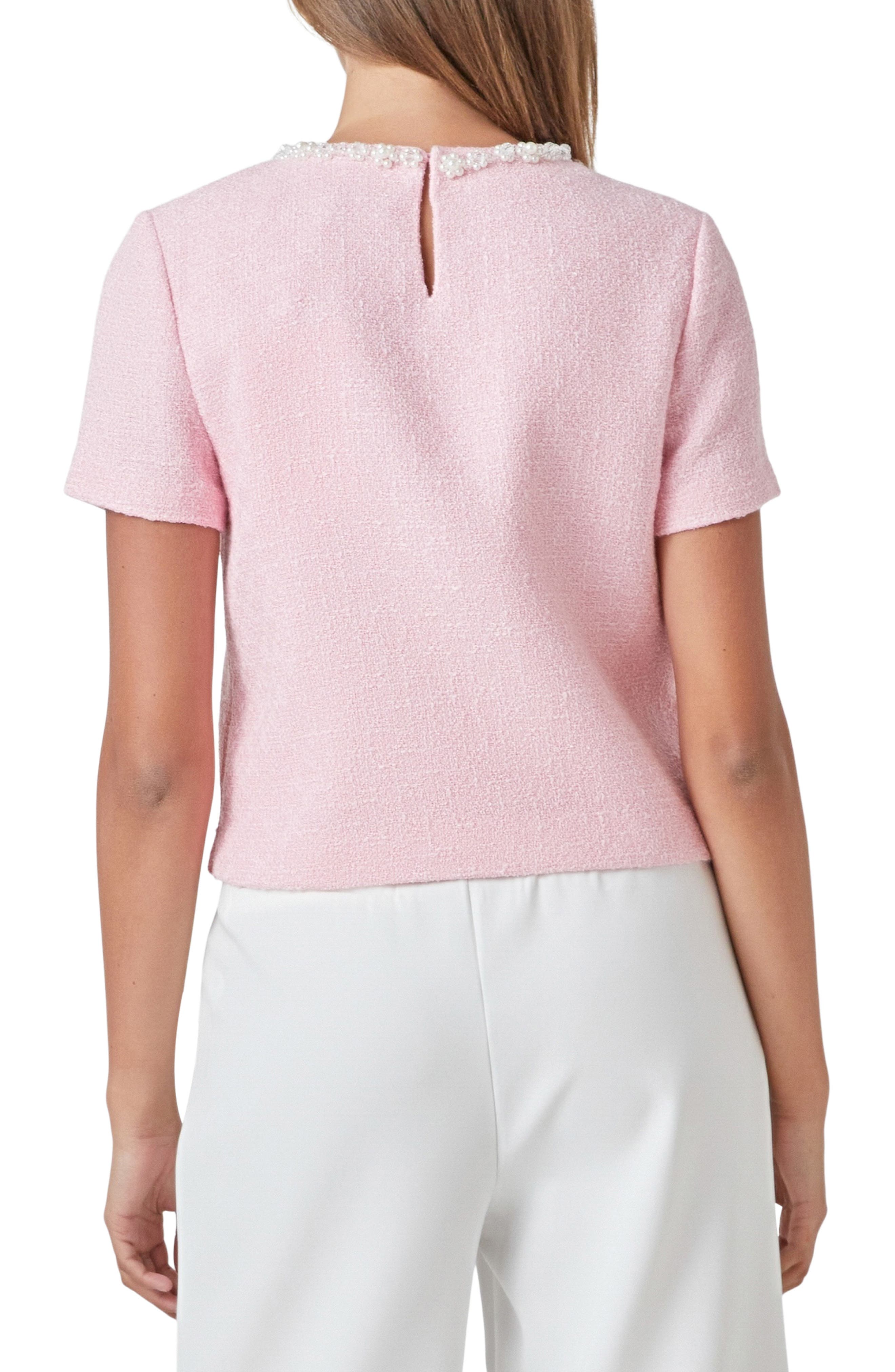 Imitation Pearl Trim Short Sleeve Tweed Top - image 2
