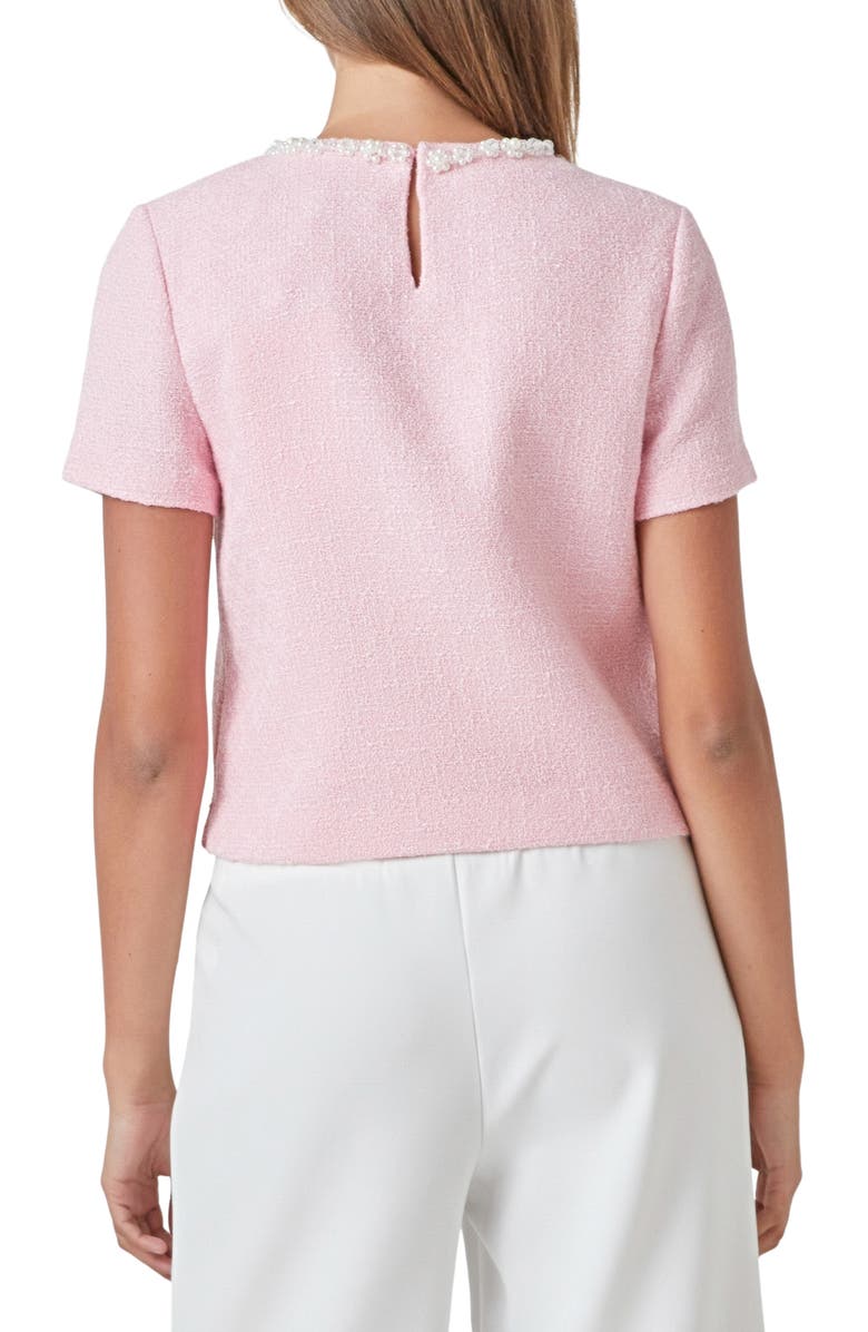 Endless Rose Imitation Pearl Trim Short Sleeve Tweed Top, Alternate, color, Pink