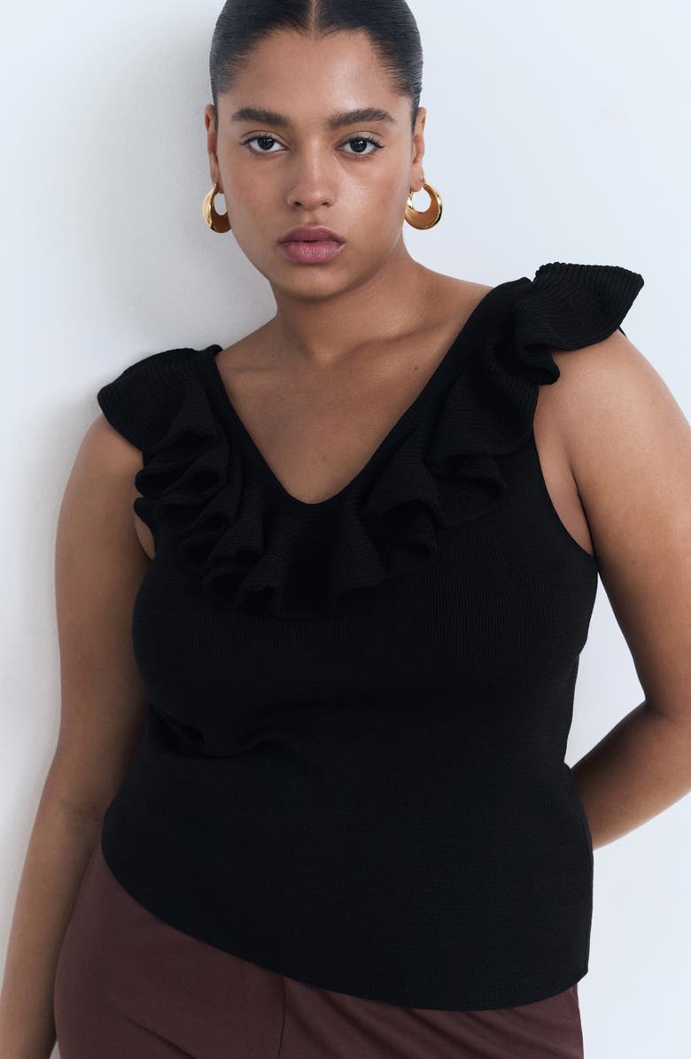 MANGO Ruffle Knit Tank, Alternate, color, Black