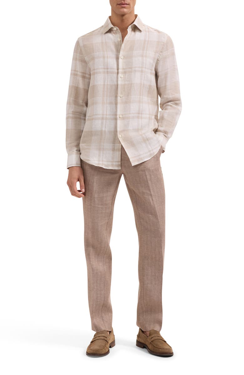 Bugatchi Julian Shaped Fit Plaid Linen Button-Up Shirt, Alternate, color, Sand