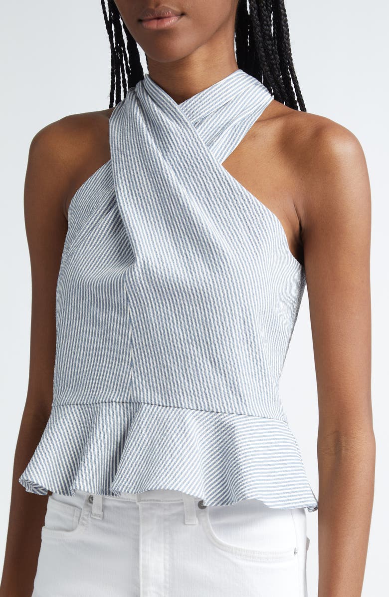 Veronica Beard Drey Seersucker Peplum Top, Alternate, color, 