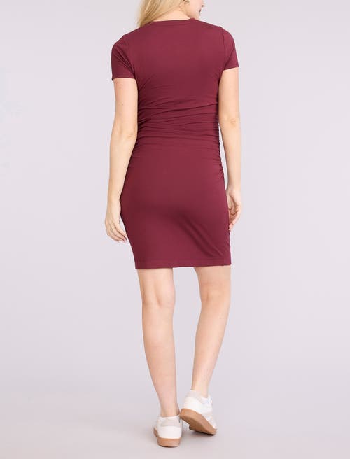 Motherhood Maternity Crewneck Short Sleeve Side Ruched Bodycon Mini Dress In Brown