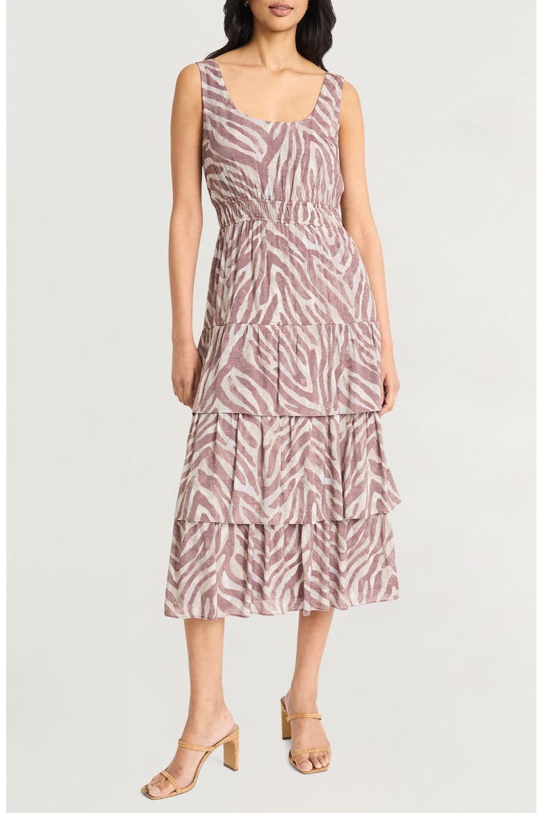 Ripple Stripes Tiered Midi Dress, Main, color, CREAM/ BROWN