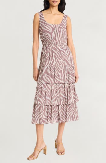 The Good Journey Ripple Stripes Tiered Midi Dress In Brown