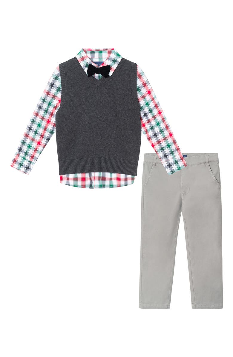 Andy & Evan Kids' Check Button-Down Shirt, Sweater Vest, Pants & Bow Tie Set, Main, color, 