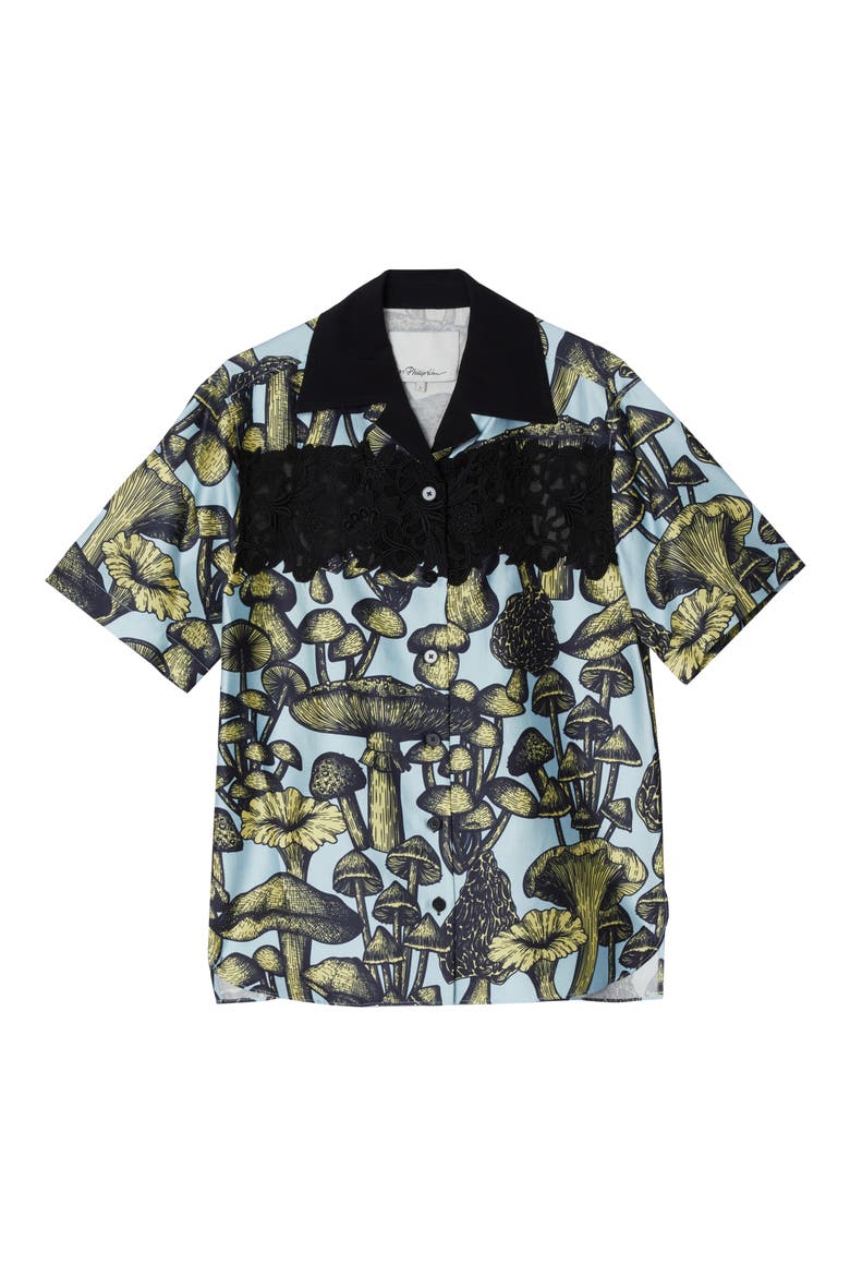 Ethereal Mushrooms Relaxed Lace Inset Camp Shirt, Main, color, SKY BLUE MULTI