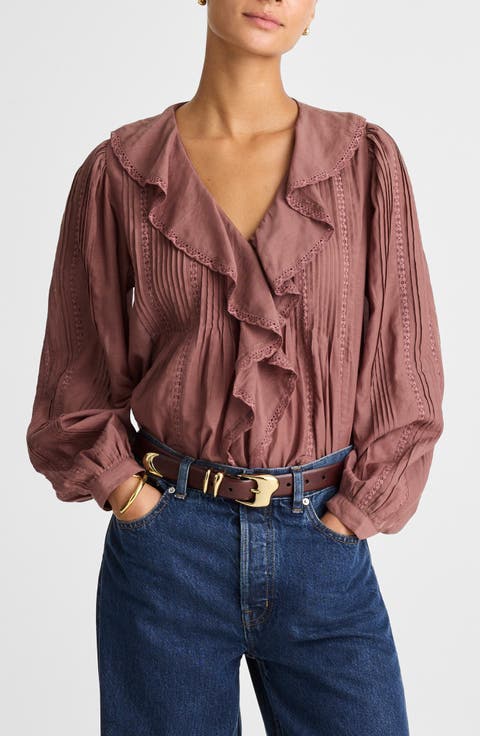 Lace Insert Ruffle Pintuck Long Sleeve Top