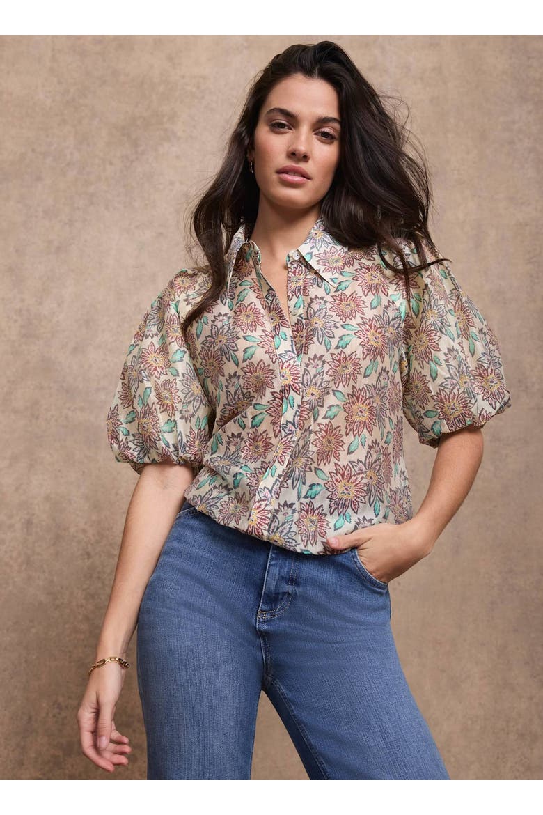 Floral Print Puff Sleeve Shirt, Alternate, color, Burgundy