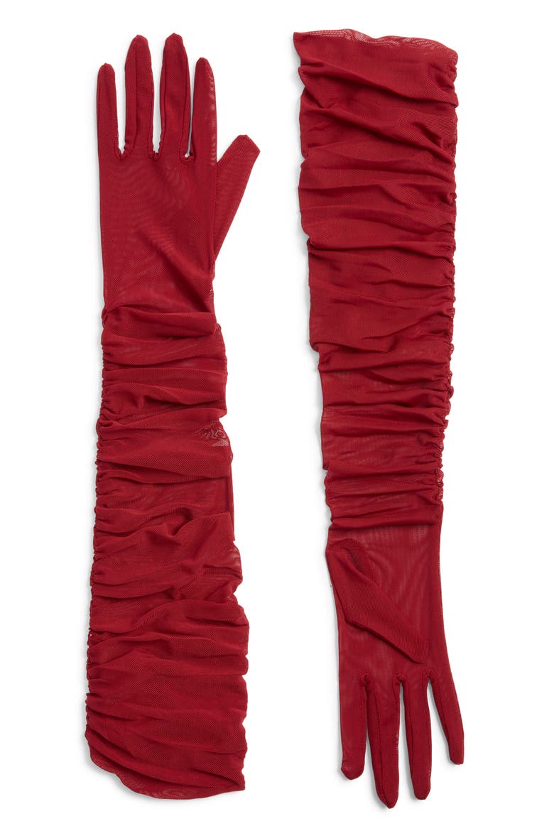Ariana Ruched Mesh Opera Gloves, Main, color, RED