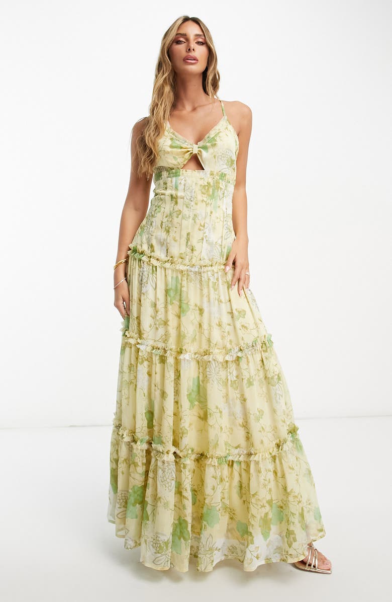 ASOS DESIGN Knot Front Cutout Tiered Maxi Dress, Main, color, 
