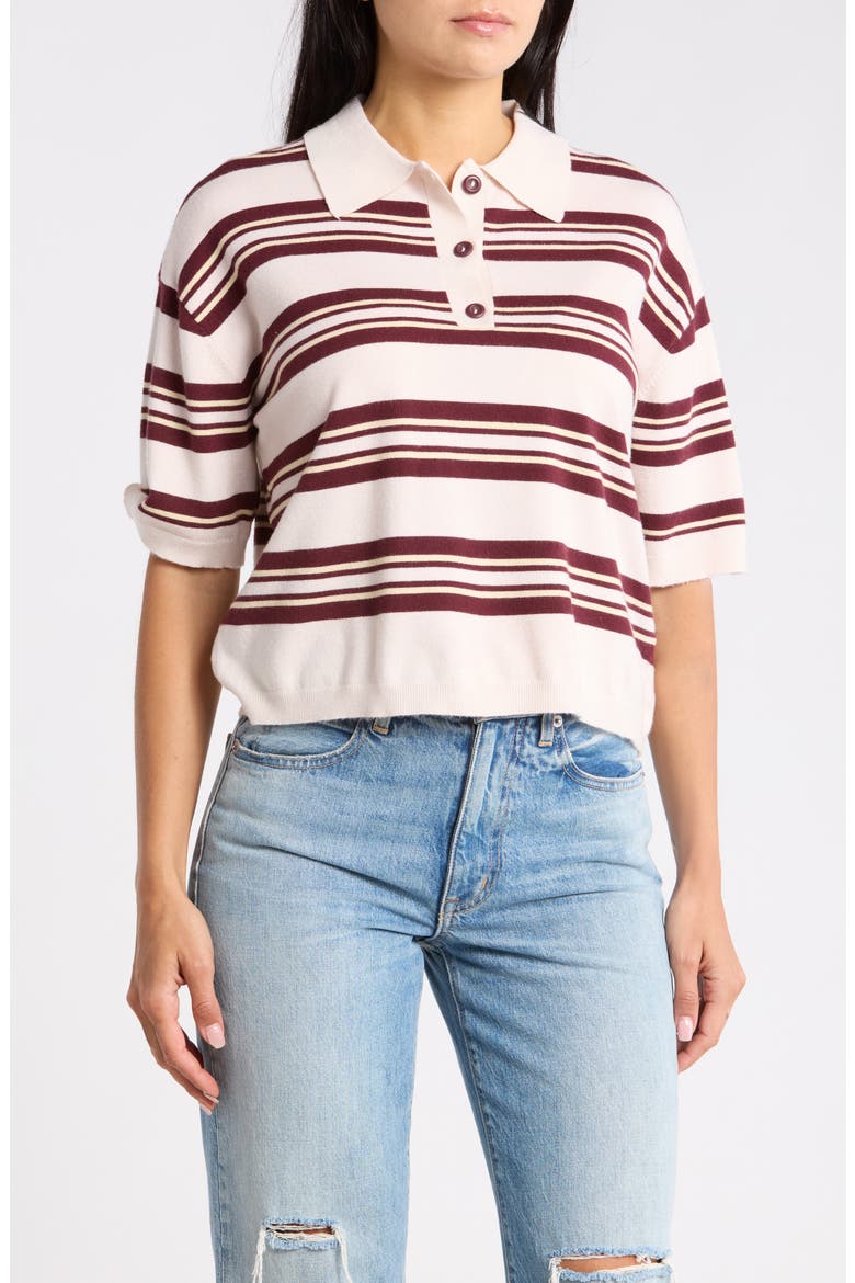 Stripe Short Sleeve Crop Polo Sweater, Main, color, ECRU