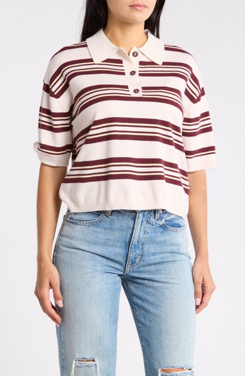 Stripe Short Sleeve Crop Polo Sweater