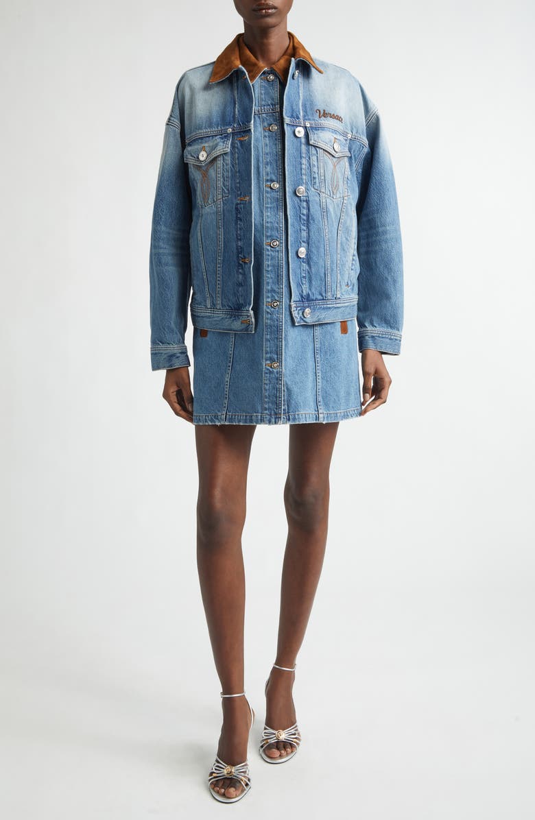 Versace Suede Trim Denim Shirtdress, Alternate, color, Medium Blue
